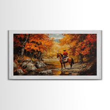 Load image into Gallery viewer, Cowboy resting in the snow with white pink background, Framed Canvas Print, minimalist winter wall art, western home decor, seasonal artwork