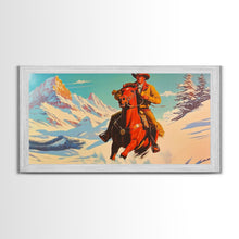 Load image into Gallery viewer, Cowboy in red jacket riding through snow-covered forest, Framed Canvas Print, vibrant winter wall art, rustic western decor