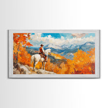 Load image into Gallery viewer, Cowboy on autumn swing, Framed Canvas Print, rustic Western art with vibrant fall, tall framed canvas print autumn decor farmhouse wall art