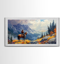 Load image into Gallery viewer, Close-up of Western cowgirl in fall foliage, Framed Canvas Print, modern tall art farmhouse gallery wall, rustic cowboy aesthetic wall print