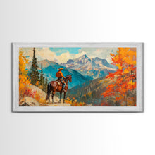 Carregar imagem no visualizador da galeria, Female cowboy in fall forest, Framed Canvas Print, tall striking artwork rustic or modern farmhouse seasonal wall art