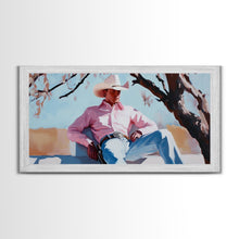 Carregar imagem no visualizador da galeria, Autumn-themed portrait Framed Canvas Print of a woman in a cowboy hat holding a cup of coffee, surrounded by fall leaves, cozy fall decor