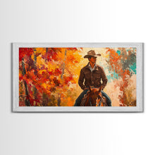 Load image into Gallery viewer, Cowboy Riding Through The Autumn Trees, Framed Canvas Print, Rustic Farmhouse Wall Art, Boho Style Seasonal Watercolor Painting