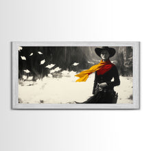 Load image into Gallery viewer, Bold Framed Canvas Print of a Cowgirl Riding Through Snow, Western Horse Art, Dynamic Winter Wall Decor and Christmas Holiday Gift Idea