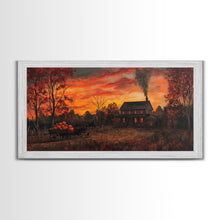 Carregar imagem no visualizador da galeria, Autumn Sunset With Pumpkins And Horse Wagon, Cozy Fall Landscape Wall Art, Rustic Country Framed Canvas Print, Warm Autumn Home Decor