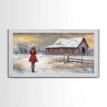 Load image into Gallery viewer, Barn Painting Framed Canvas Print, Cowgirl and her Barn, Rustic Farmhouse Decor, Winter Painting, Winter Wonderland, Farmhouse Wall Art