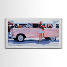 Load image into Gallery viewer, Cute Cowgirl and Her Pink Truck, Framed Canvas Print, Retro Pink Fall Decor, Wall Art Fall Home Decor, Ideal Gift Idea Rustic Seasonal Decor