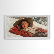 Load image into Gallery viewer, Cowgirl Laying In The Snow Framed Canvas Print, Cute Rustic Decor, Cowgirl Portrait Painting, Winter Wall Art