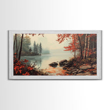 Cargar imagen en el visor de la galería, Fall On The River, Rustic Landscape Painting, Primitive Wall Art, Framed Canvas Print, retro festive holiday wall art Christmas decor