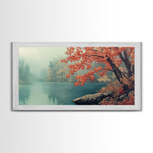 Load image into Gallery viewer, Fall On The Lake, Watercolor Landscape Painting Framed Canvas Print, retro holiday decor wall art with nostalgic vibe