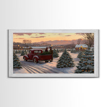 Cargar imagen en el visor de la galería, Christmas Tree Farm Framed Canvas Print, Red Truck Winter Scene, Farmhouse Christmas Decor, Christmas Vacation Decor, Holiday Art Gift