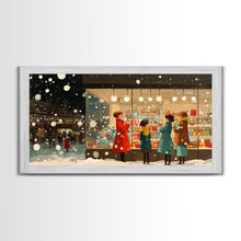 Cargar imagen en el visor de la galería, Christmas Window Shopping Scene Framed Canvas Print, Nostalgic Winter Holiday Wall Art Decor, Best Christmas Gift Idea, City Christmas Decor