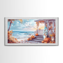 Carregar imagem no visualizador da galeria, Fall Beachfront Porch With Pumpkins Autumn Decor Framed Canvas Print, Coastal Autumn Home Decor Wall Art Beach Vibes