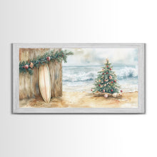 Cargar imagen en el visor de la galería, Christmas Tree On Sandy Beach With Surfboard Coastal Decor Framed Canvas Print, Beach Christmas Decor Wall Art