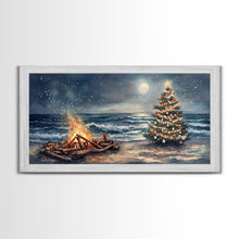 Load image into Gallery viewer, Cozy Bonfire On Beach With Christmas Tree Framed Canvas Print, Nighttime Winter Beach Holiday Wall Art And Coastal Decor