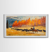 Load image into Gallery viewer, Cowboy Herding Cattle Under Mountains Framed Canvas Print Tall Art Autumn Country Landscape Fall Decor Western Wall Art Farmhouse Gift Idea