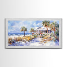 Load image into Gallery viewer, Snowy tropical Christmas decor scene, Framed Canvas Print beach house wreath and holiday lights, winter coastal home decor Christmas art