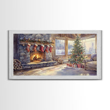 Load image into Gallery viewer, Snowy cabin lake scene at dusk with Christmas lights, Framed Canvas Print with a warm cabin glow, for winter wall art Christmas home decor