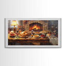Load image into Gallery viewer, Cozy Thanksgiving Feast by Fireplace Framed Canvas Print Seasonal Wall Art, Rustic Fall Decor, Harvest Celebration Art Print for Home