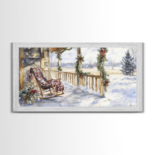 Load image into Gallery viewer, Snowy porch scene with wreaths and holiday greenery, framed canvas print, cozy winter Christmas decor perfect holiday wall display