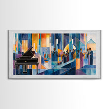 Load image into Gallery viewer, Abstract jazz party scene with grand piano, colorful stained glass aesthetic, framed canvas print ideal vibrant music wall art decor
