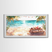 Load image into Gallery viewer, Beach Christmas decor picnic setup with palm trees and lights, framed canvas print showcasing tropical coastal holiday art decor