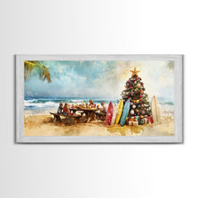 Cargar imagen en el visor de la galería, Christmas family picnic by the beach with surfboards and tree, framed canvas print tropical coastal holiday beach Christmas decor