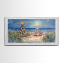 Load image into Gallery viewer, Beach Christmas family gathering by the ocean and bonfire, framed canvas print featuring tropical holiday decor wall art