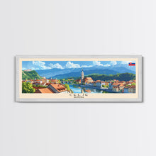 Cargar imagen en el visor de la galería, Celje Slovenia Panoramic Travel Poster, Framed Canvas Print or Metal Wall Art, Travel Art, Home Decor, Panoramic Painting, Midcentury Art