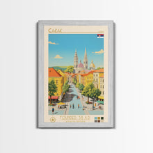 Carregar imagem no visualizador da galeria, Čačak Serbia Travel Poster Framed Canvas Print, Midcentury Modern Art, Pop Art Wall Decor, Living Room Art, Scenic Wall Art