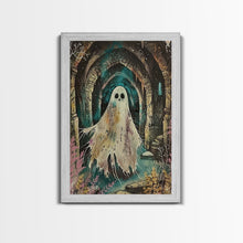 Carregar imagem no visualizador da galeria, Ghostly Figure in Ancient Ruins Framed Canvas Print, Haunted Ruins Decor, Halloween Ghost Art, Eerie Ghostly Wall Art, Spooky Ghost Print