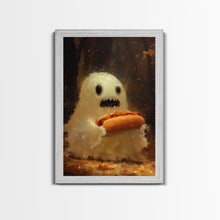 Cargar imagen en el visor de la galería, CHOMP! Cute Lil Ghost Eatin' a Dog, The Hot Dog Ghost, Haunted Hot Dog Thief, Framed Canvas Print, Halloween Art