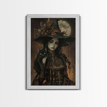 Carregar imagem no visualizador da galeria, The Witch and The Black Cat Framed Canvas Art, Spooky Victorian Witch Art, Spooky Season, Halloween Props, Halloween Accessories Art