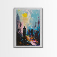 Load image into Gallery viewer, Creepy Haunted Cemetary Framed Canvas Print Halloween Art, Impasto Style Spooky Season Decor