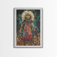 Load image into Gallery viewer, Creepy Moonlit Scarecrow Framed Canvas Print | Halloween Art | Spooky Harvest Artwork | Sinister Scarecrow Art for Home Decor
