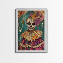 Load image into Gallery viewer, Day of the Dead Doll with Floral Crown Framed Canvas Print, Halloween Art, Creepy Wall Art, Spooky Home Decor, Scary Art, Unique Wall Decor