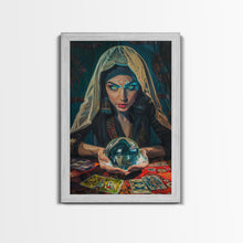 Load image into Gallery viewer, Enchanting Fortune Teller with Crystal Ball Under Moonlight - Mystical Witchcraft Framed Canvas Print, Halloween Gothic Home Decor