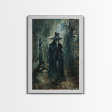 Carregar imagem no visualizador da galeria, Ghostly Figure in Victorian Attire - Eerie Night Stalker Gothic Art Framed Canvas Print, Halloween Haunted House Decor