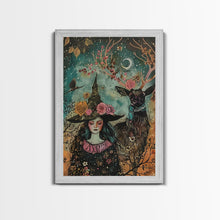 Load image into Gallery viewer, Elegant Witch with Tortoise - Halloween Art, Gothic Art, Spooky Decor, Dark Nature Art, Haunting Portrait, Framed Canvas Print