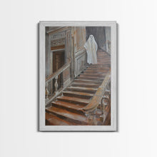 Load image into Gallery viewer, Ghost On Stairs Canvas Print - Halloween Art, Spooky Home Decor, Ghost Wall Art, Haunted House Decor, Halloween Decor, Framed Canvas Print