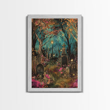 Load image into Gallery viewer, Gate to Haunted Cemetery Framed Canvas Print, Wall Art, Spooky Graveyard Art, Eerie Home Decor, Halloween Forest Painting, Spooky Graveyard