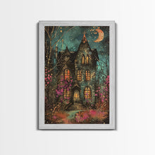 Load image into Gallery viewer, Enchanted Gothic House Framed Canvas Print, Halloween Wall Art, Spooky Art, Home Decor, Living Room Decor, Gothic Artwork, Haunted House
