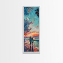 Carregar imagem no visualizador da galeria, Framed Canvas Oil Painting of Sunset on Beach, Coastal Wall Art Print, Colorful Beach Art, Impasto Painting, Long and Narrow Landscape Art