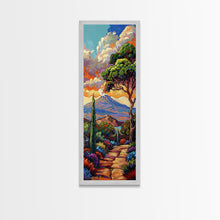 Cargar imagen en el visor de la galería, Colorful Textured Canvas Painting of Erupting Volcano Landscape, Tall and Narrow Vertical Art for Office, Mountain Wall Art Prints Framed