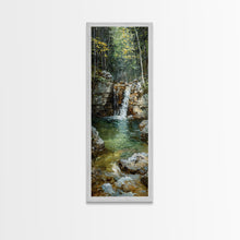 Carregar imagem no visualizador da galeria, Framed Canvas Print Skinny Art of a Serene Waterfall Cascading into a Tranquil Pool in a Lush Forest Landscape, Perfect Tall Art for Nature Lovers