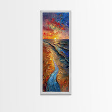 Carregar imagem no visualizador da galeria, Framed Canvas Print Skinny Art of a Vibrant Sunset Over a Rolling Ocean with Dramatic Colors in the Sky and Water, Ideal Tall Art for Modern Spaces