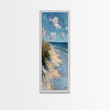 Carregar imagem no visualizador da galeria, Framed Canvas Print Skinny Art of a Peaceful Beach Scene with Sea Oats Blowing in the Wind and Gentle Waves in the Background, Perfect Tall Art for Homes