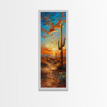 Load image into Gallery viewer, Arizona Desert Landscape with Saguaro Cactus at Sunset on a Framed Canvas Print Skinny Art Piece