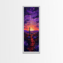Cargar imagen en el visor de la galería, Colorful Sunset Over a Desert Landscape with a Saguaro Cactus and Dramatic Sky on a Framed Canvas Print Skinny Art Piece