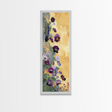 Load image into Gallery viewer, Deep Purple Pansy Flowers Against Textured Gold Background on Tall Vertical Canvas Print for Rich Floral Wall Decor